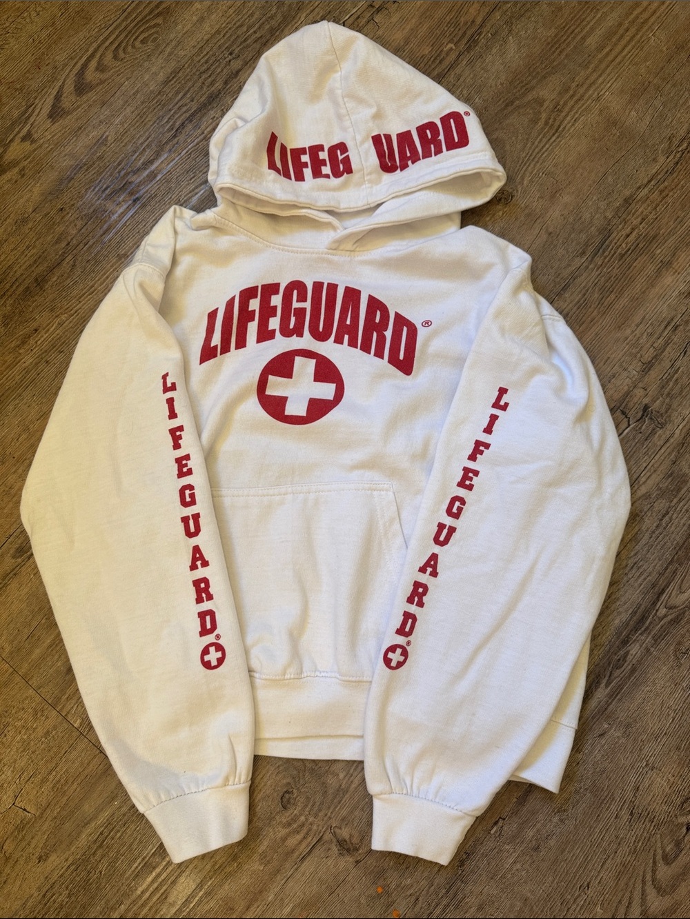 Kids White Lifeguard Hoodie with Red Logo